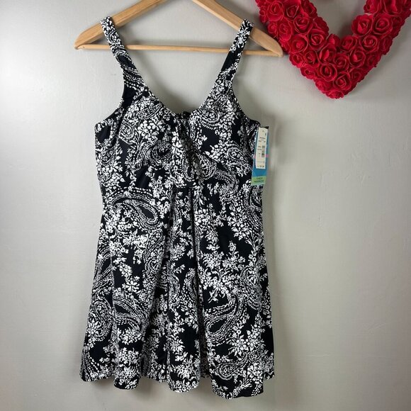Swim Solutions Swimdress Padded Tummy Control Sz 18 Paisley Black White - Picture 1 of 10